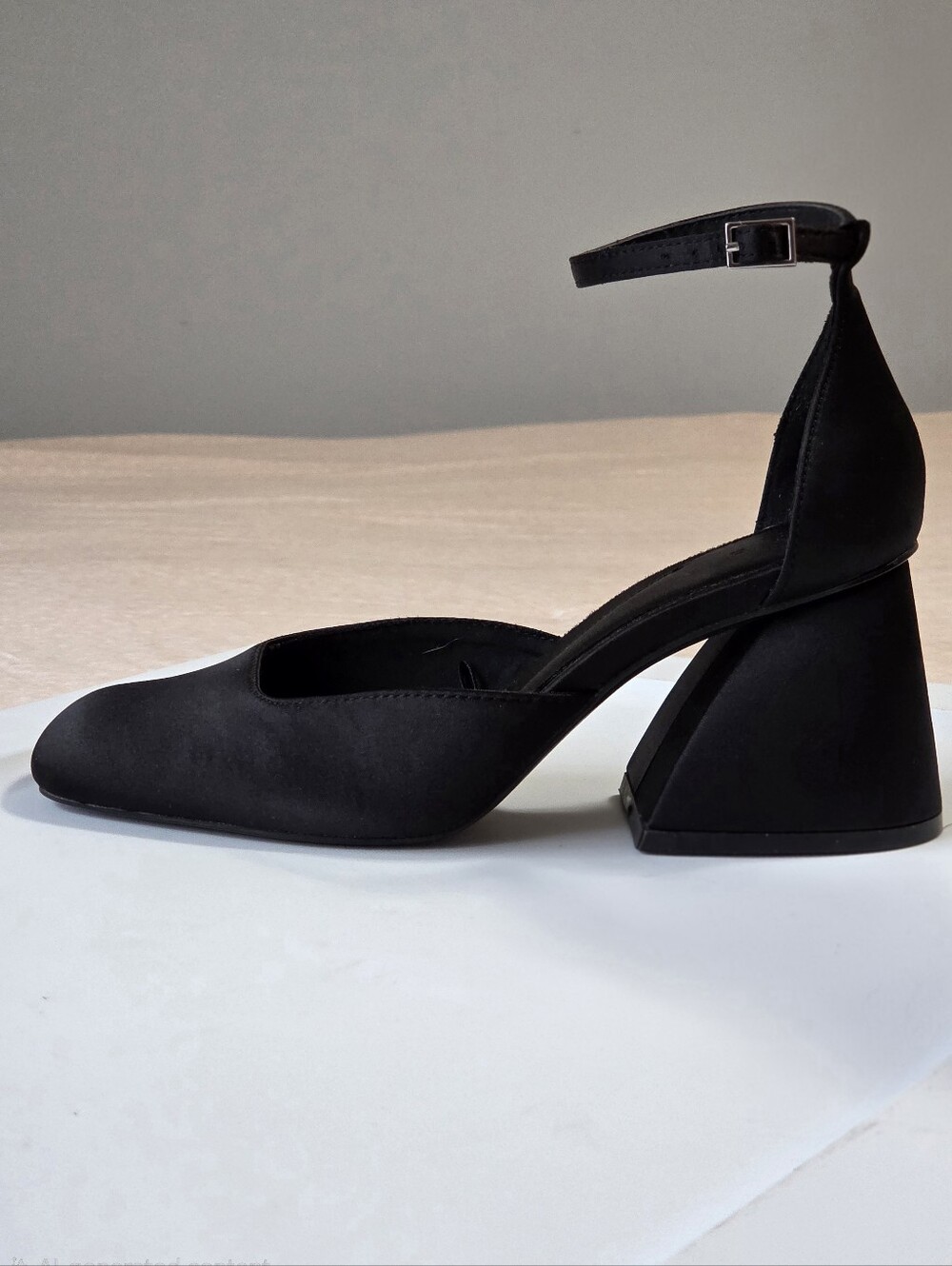 Zara Black Satin Ankle Strap Sculptural Retro Block Heel Sz 37/US6.5 Event Party